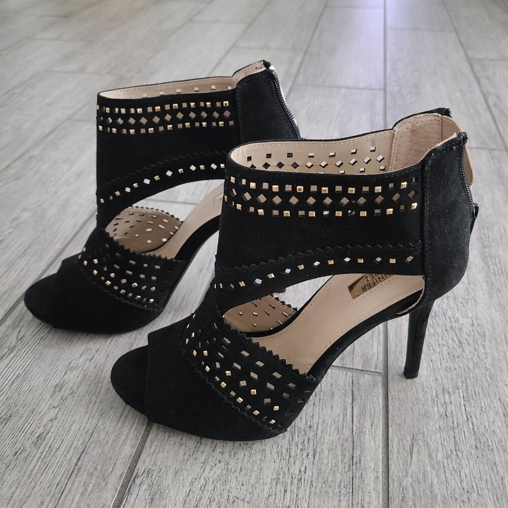 Jennifer Lopez Black Cutout Studded High Heel Sandals Size 8